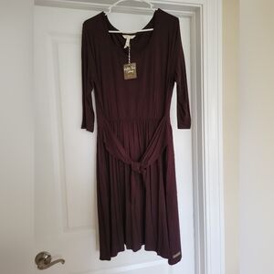 NWT Matilda Jane Tie Waist Elbow Sleeve Scoop Neck Dark Red/Purple Dress - L